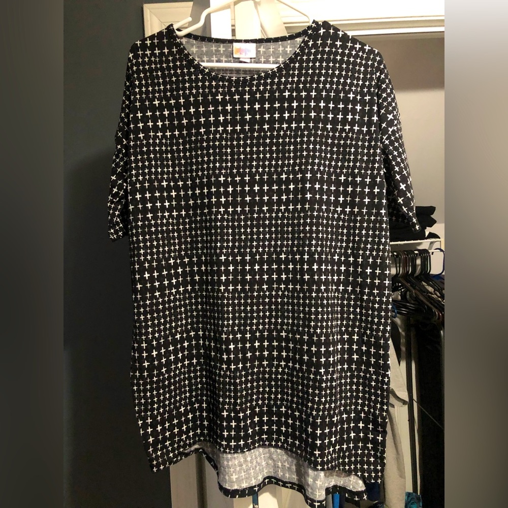 Small black LULAROE IRMA tunic with white crosses